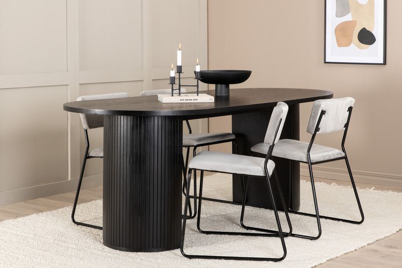 Venture Home Kenth & Bianca 4 st Matstolar Grå + Ovalt Matbord 200 x 90 Svart