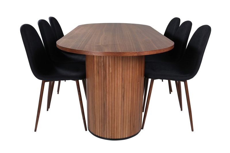 Venture Home Bianca & Polar Ovalt Matbord 200 x 90 Valnöt + 6 st Matstolar Svart