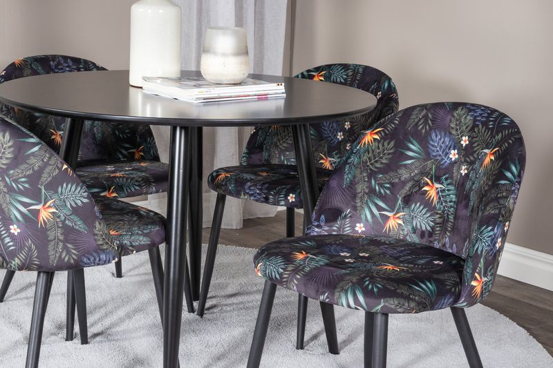 Venture Home Velvet & Plaza 4 st Matstolar Svart + Runt Matbord ⌀100 Svart