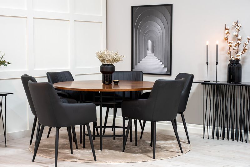 Venture Home Copenhagen & Comfort Runt Matbord ⌀140 Brun + 6 st Matstolar Svart