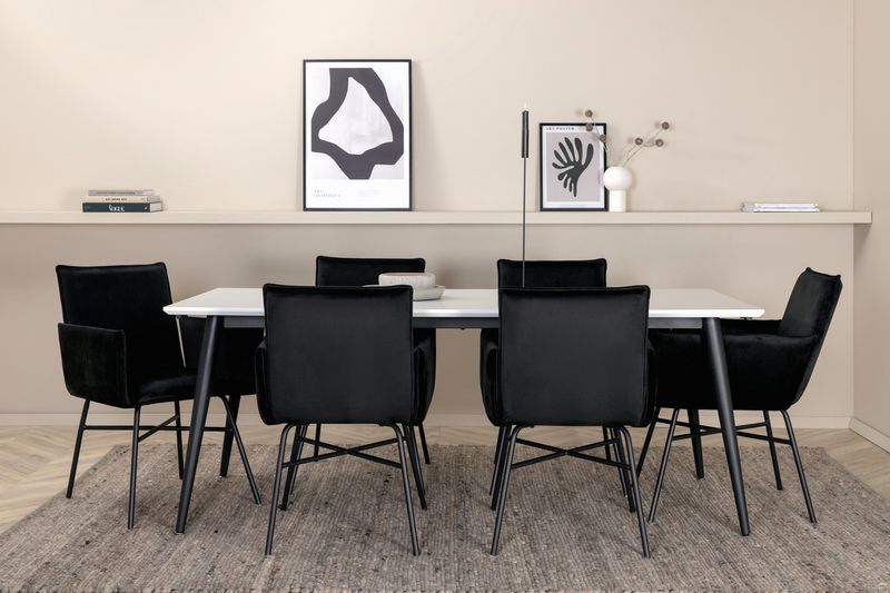 Venture Home Jimmy & Petra Rektangulärt Matbord 195 x 90 Vit + 6 st Matstolar Svart