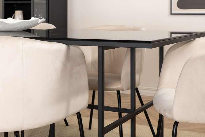 Venture Home Berit & Leif 6 st Matstolar Beige + Rektangulärt Matbord 200 x 90 Svart
