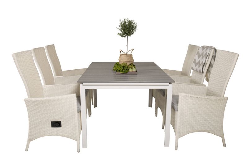 Venture Home Levels & Padova Rektangulärt Matbord 160 x 100 Vit + Reclinerstolar 6 st Vit