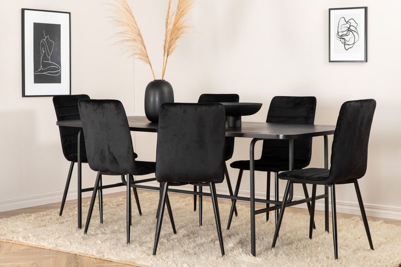 Venture Home Uno & Windu Rektangulärt Matbord 200 x 90 Svart + 6 st Matstolar Svart