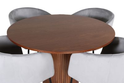 Venture Home Berit & Bianca 4 st Matstolar Grå + Runt Matbord ⌀110 Valnöt