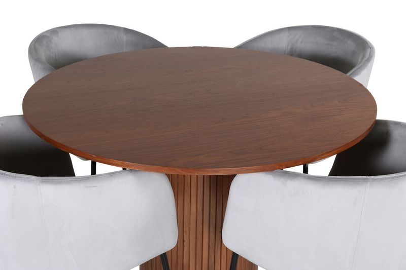 Venture Home Berit & Bianca 4 st Matstolar Grå + Runt Matbord ⌀110 Valnöt