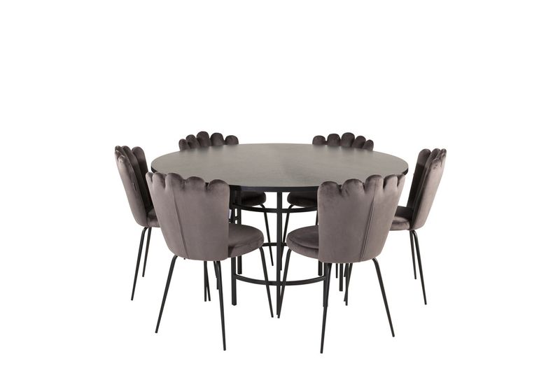 Venture Home Limhamn & Copenhagen 6 st Matstolar Grå + Runt Matbord ⌀140 Svart