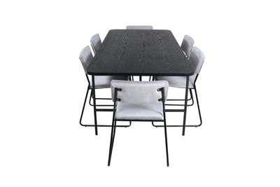 Venture Home Kenth & Uno 6 st Matstolar Grå + Rektangulärt Matbord 200 x 90 Svart