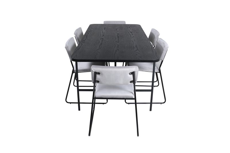 Venture Home Kenth & Uno 6 st Matstolar Grå + Rektangulärt Matbord 200 x 90 Svart