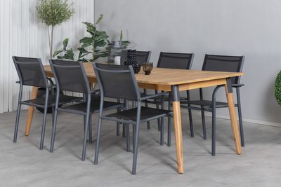 Venture Home Julian & Santorini Rektangulärt Matbord 210 x 100 Natur + 6 st Matstolar Svart