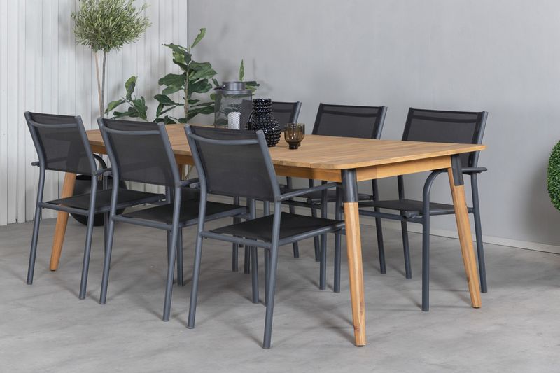 Venture Home Julian & Santorini Rektangulärt Matbord 210 x 100 Natur + 6 st Matstolar Svart