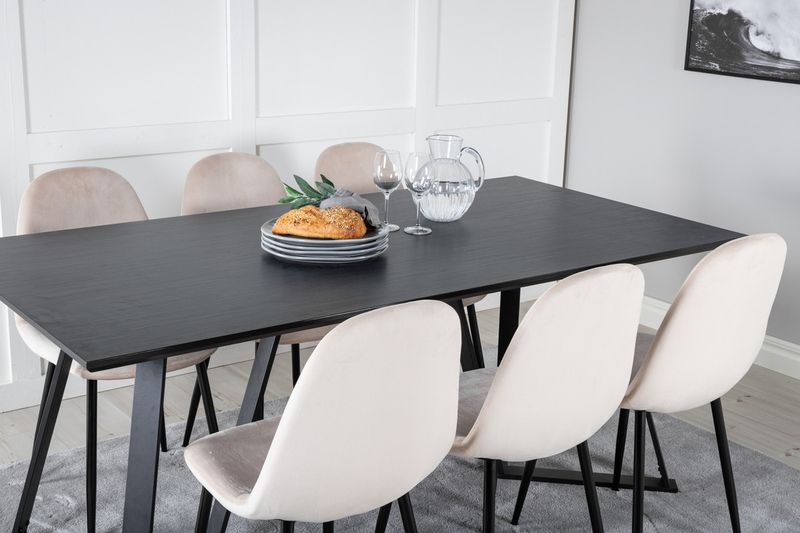 Venture Home Polar & Marina 6 st Matstolar Beige + Rektangulärt Matbord 180 x 90 Svart