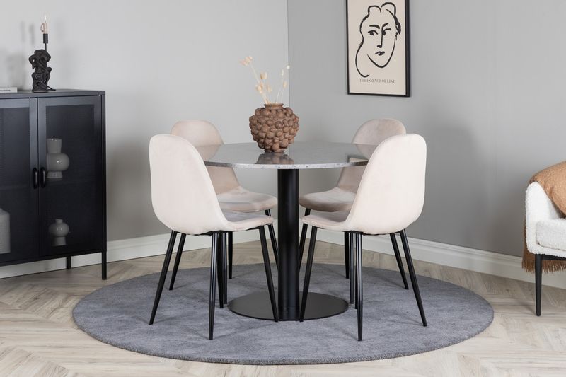 Venture Home Razzia & Polar Runt Matbord ⌀106 Grå + 4 st Matstolar Beige