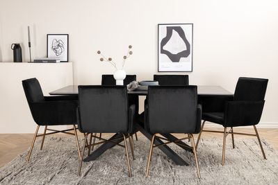 Venture Home Petra & Piazza 6 st Matstolar Svart + Rektangulärt Matbord 180 x 90 Svart
