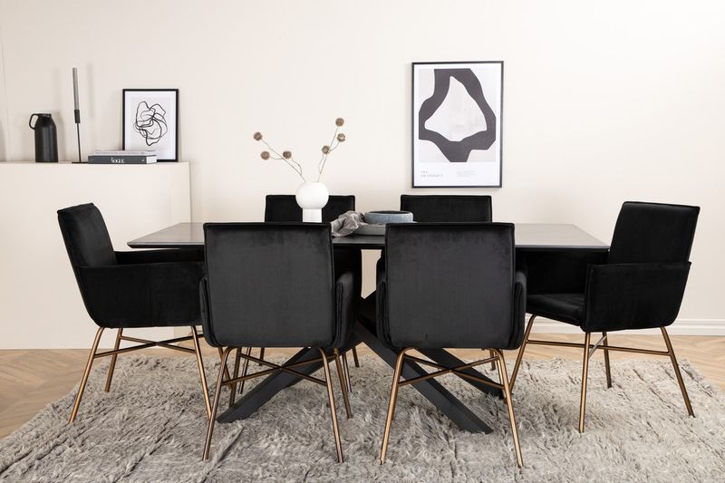 Venture Home Petra & Piazza 6 st Matstolar Svart + Rektangulärt Matbord 180 x 90 Svart