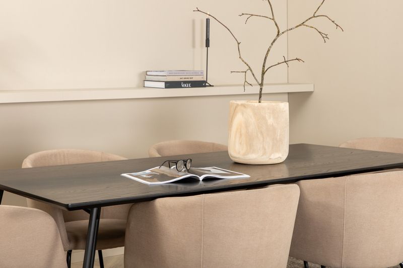 Venture Home Berit & Petra 6 st Matstolar Beige + Rektangulärt Matbord 190 x 90 Svart