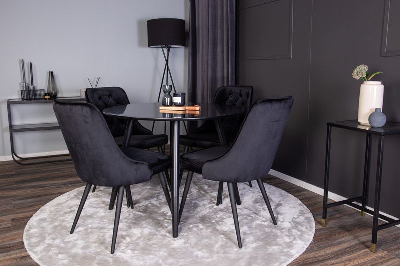 Venture Home Velvet Deluxe & Plaza 4 st Matstolar Svart + Runt Matbord ⌀100 Svart