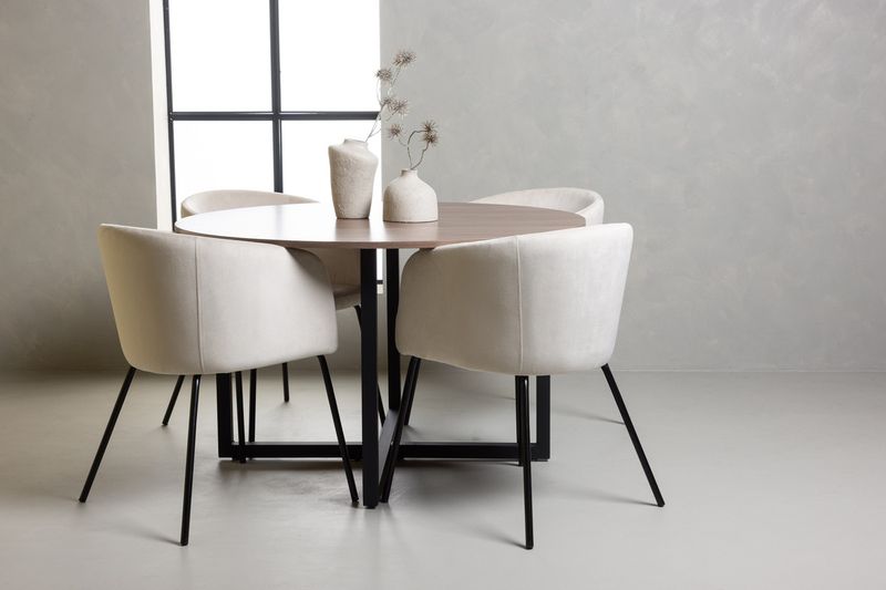 Venture Home Berit & Durango 4 st Matstolar Beige + Runt Matbord ⌀120 Valnöt