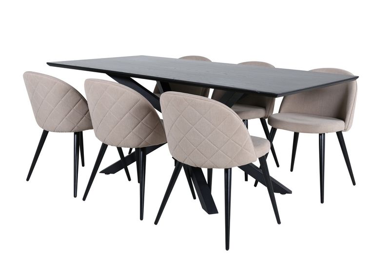 Venture Home Velvet & Piazza 6 st Matstolar Beige + Rektangulärt Matbord 180 x 90 Svart