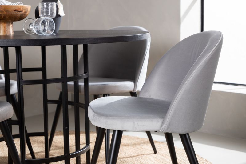 Venture Home Velvet & Copenhagen 4 st Matstolar Grå + Runt Matbord ⌀115 Svart
