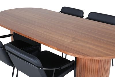 Venture Home Tvist & Bianca Matstolar 4-pack Svart + Ovalt Matbord 200 x 90 Valnöt