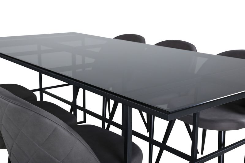 Venture Home Leif & Velvet Rektangulärt Matbord 200 x 90 Svart + 6 st Matstolar Grå