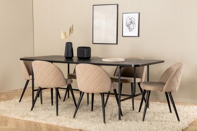 Venture Home Uno & Velvet Rektangulärt Matbord 200 x 90 Svart + 6 st Matstolar Beige