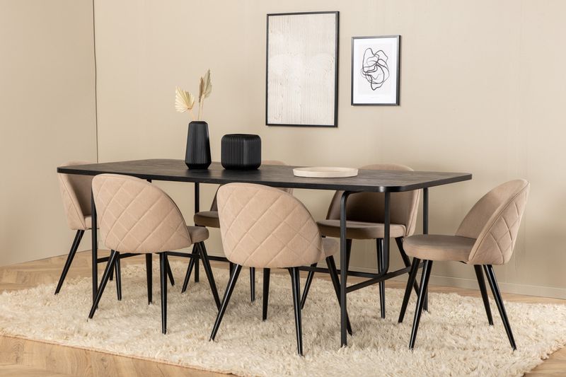 Venture Home Uno & Velvet Rektangulärt Matbord 200 x 90 Svart + 6 st Matstolar Beige