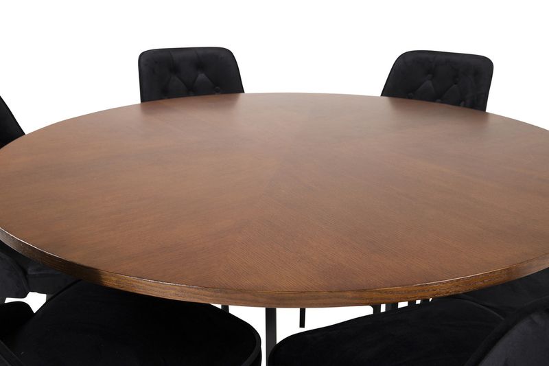Venture Home Copenhagen & Velvet Deluxe Runt Matbord ⌀140 Brun + 6 st Matstolar Svart