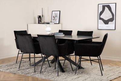 Venture Home Petra & Piazza 6 st Matstolar Svart + Rektangulärt Matbord 180 x 90 Svart