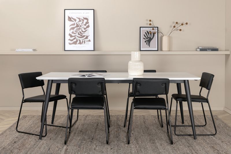 Venture Home Jimmy & Kenth Rektangulärt Matbord 195 x 90 Vit + 6 st Matstolar Svart