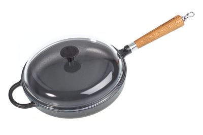 Ronneby Bruk, Traktörstekpanna Gjutjärn 28 cm Glaslock & Massiv Ek Handtag
