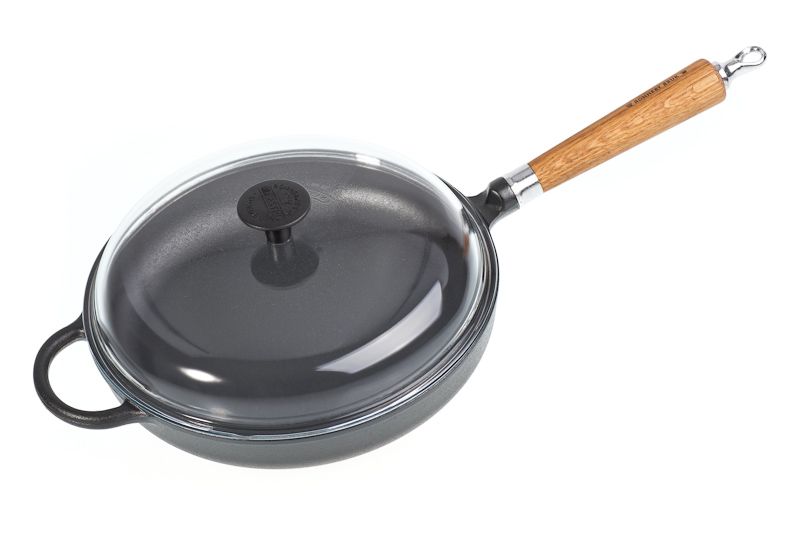 Ronneby Bruk, Traktörstekpanna Gjutjärn 28 cm Glaslock & Massiv Ek Handtag