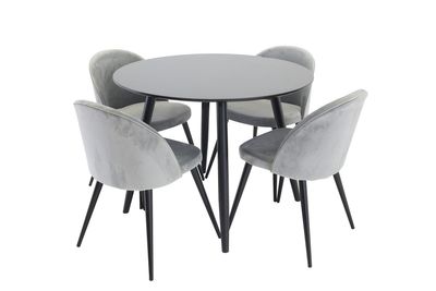 Venture Home Velvet & Plaza 4 st Matstolar Grå + Runt Matbord ⌀100 Svart