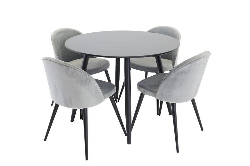 Venture Home Velvet & Plaza 4 st Matstolar Grå + Runt Matbord ⌀100 Svart