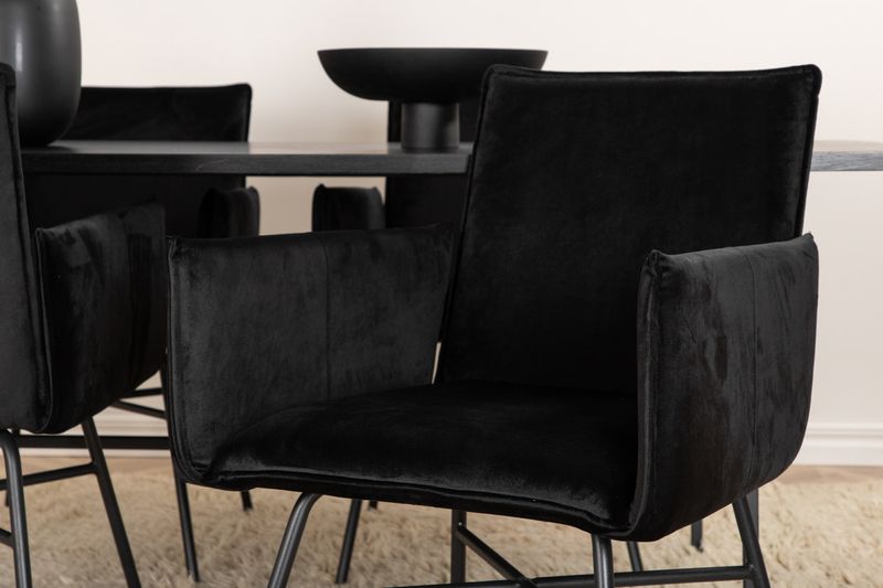 Venture Home Petra & Uno 4 st Matstolar Svart + Rektangulärt Matbord 200 x 90 Svart