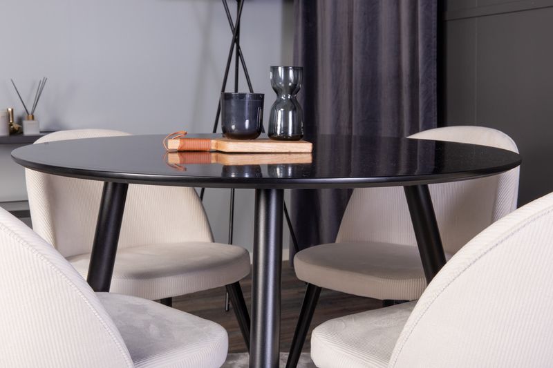Venture Home Velvet & Plaza 4 st Matstolar Grädde + Runt Matbord ⌀100 Svart