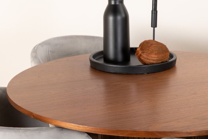 Venture Home Berit & Bianca 4 st Matstolar Grå + Runt Matbord ⌀110 Valnöt