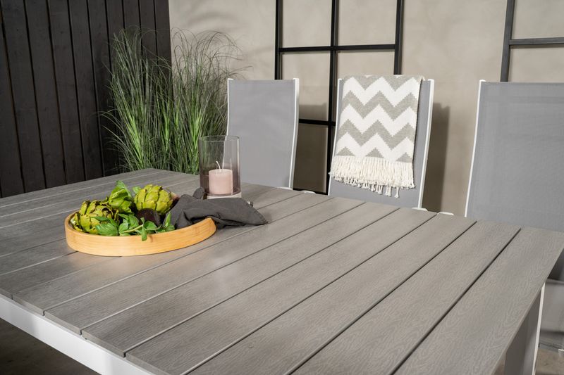 Venture Home Levels & Copacabana Rektangulärt Matbord 160 x 100 Vit + 6 st Reclinerstolar Grå