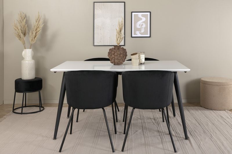 Venture Home Berit & Jimmy 4 st Matstolar Svart + Rektangulärt Matbord 150 x 90 Vit