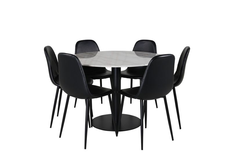 Venture Home Polar & Estelle 6 st Matstolar Svart + Runt Matbord ⌀106 Vit