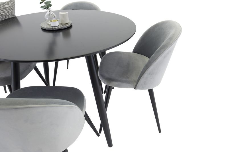 Venture Home Velvet & Plaza 4 st Matstolar Grå + Runt Matbord ⌀100 Svart