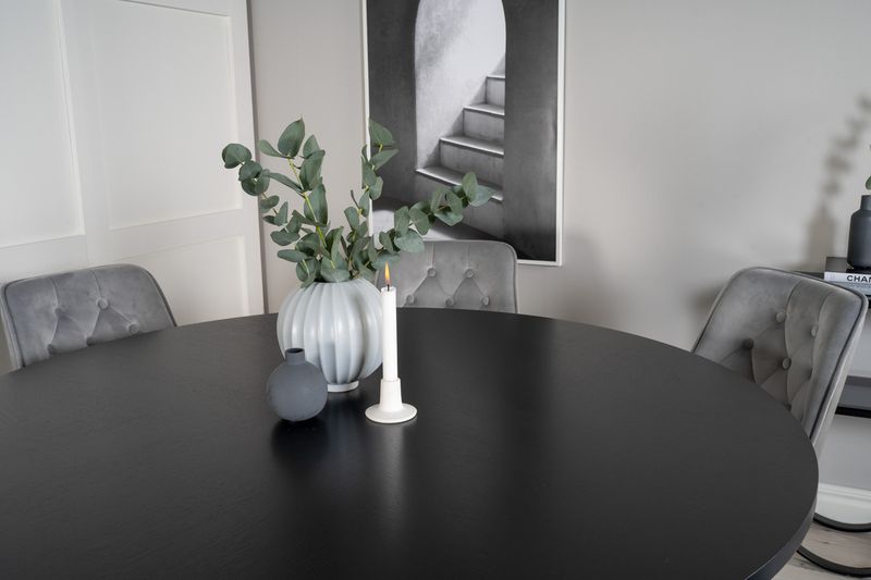 Venture Home Copenhagen & Velvet Deluxe Runt Matbord ⌀140 Svart + 6 st Matstolar Ljusgrå