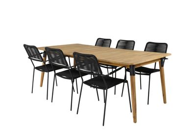 Venture Home Julian & Lindos Rektangulärt Matbord 210 x 100 Natur + Matstolar 6-pack Svart