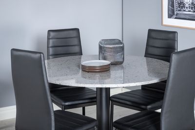 Venture Home Slim & Razzia 4 st Matstolar Svart + Runt Matbord Ø106 Grå