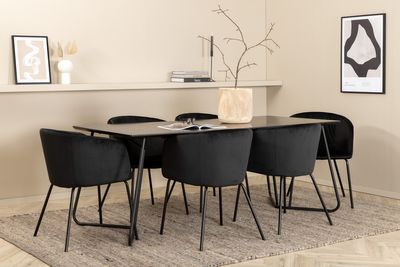 Venture Home Berit & Petra 6 st Matstolar Svart + Rektangulärt Matbord 190 x 90 Svart