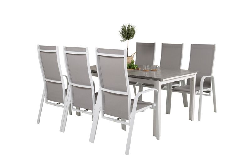 Venture Home Levels & Copacabana Rektangulärt Matbord 160 x 100 Vit + 6 st Reclinerstolar Grå