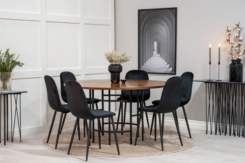 Venture Home Copenhagen & Polar Runt Matbord ⌀140 Brun + 6 st Matstolar Svart
