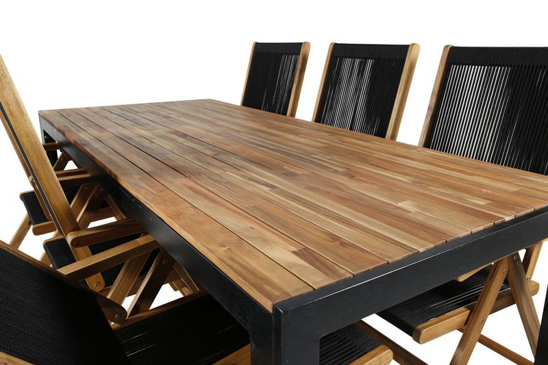 Venture Home Little John & Bois 6 st Matstolar Svart + Rektangulärt Matbord 205 x 90 Natur
