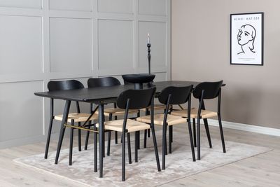 Venture Home Gold & Polly Rektangulärt Matbord 180 x 85 Svart + 6 st Matstolar Svart